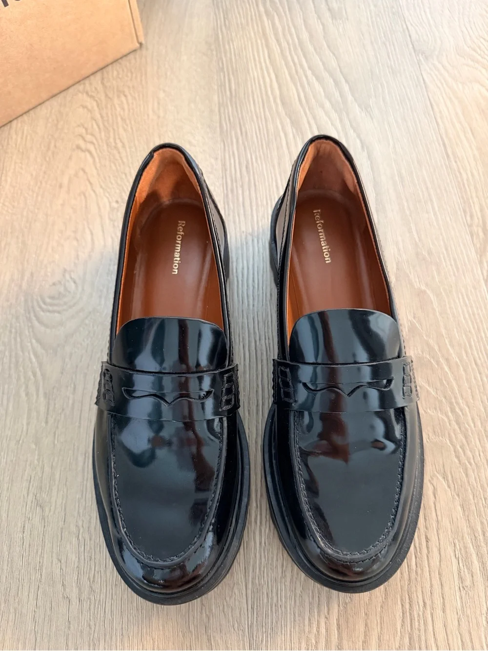 Reformation Black Patent Lug-Sole Penny Loafers